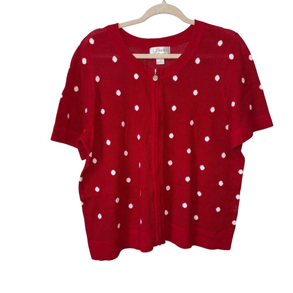 CJ Banks Red & White Polka Dot Mesh Knit Zip Cardigan Sweater 1X Short Sleeve